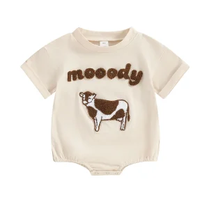Lioraitiin 0-18M Baby Romper Round Neck Cow Embroidery Short Sleeve Jumpsuit Infant Summer Clothes